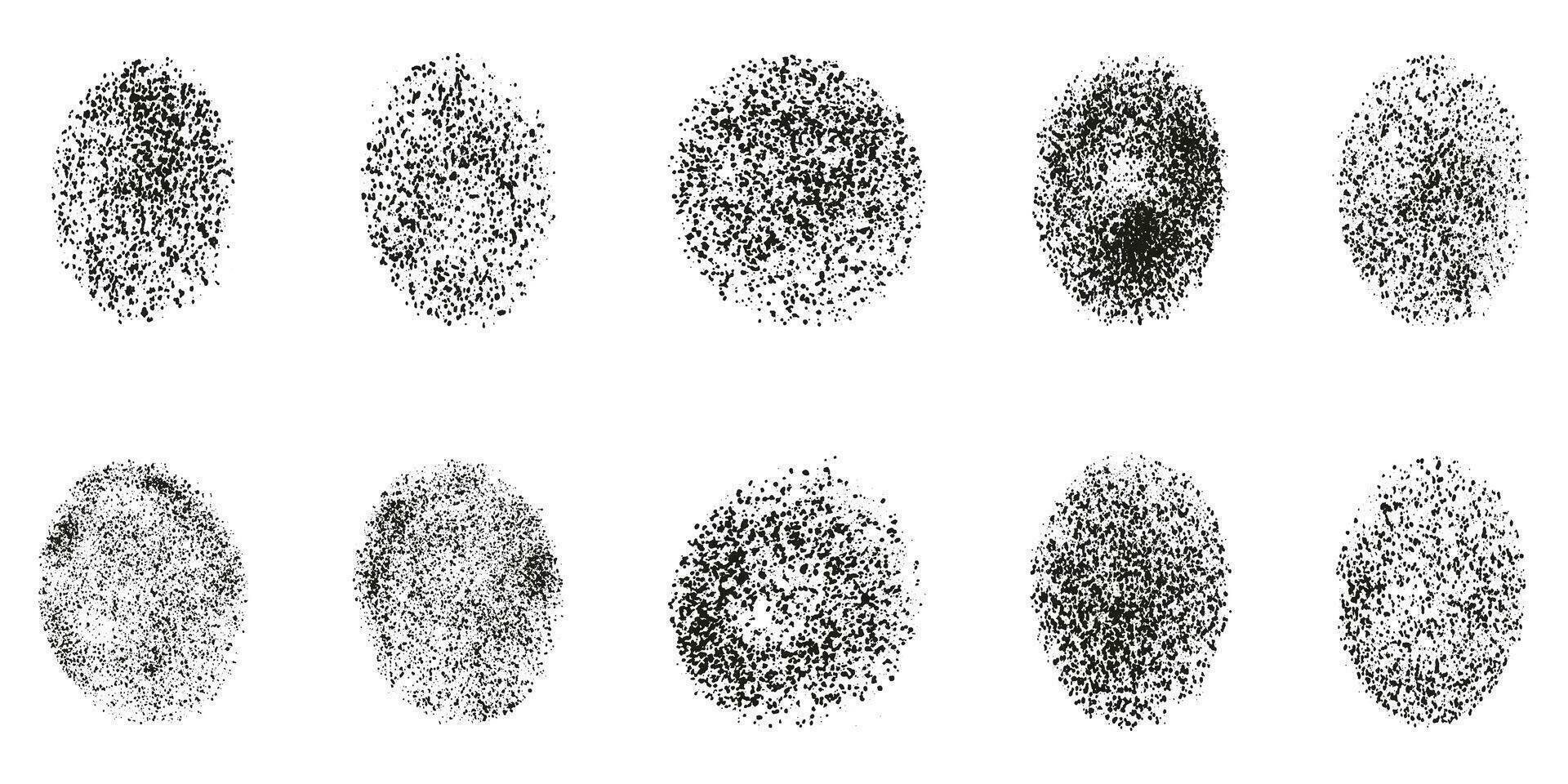 verstuiven grunge structuur zwart set. abstract cirkel retro lawaai. wijnoogst circulaire korrel. ronde bekladden geklater effect, dotwork achtergrond. geïsoleerd vector illustratie.