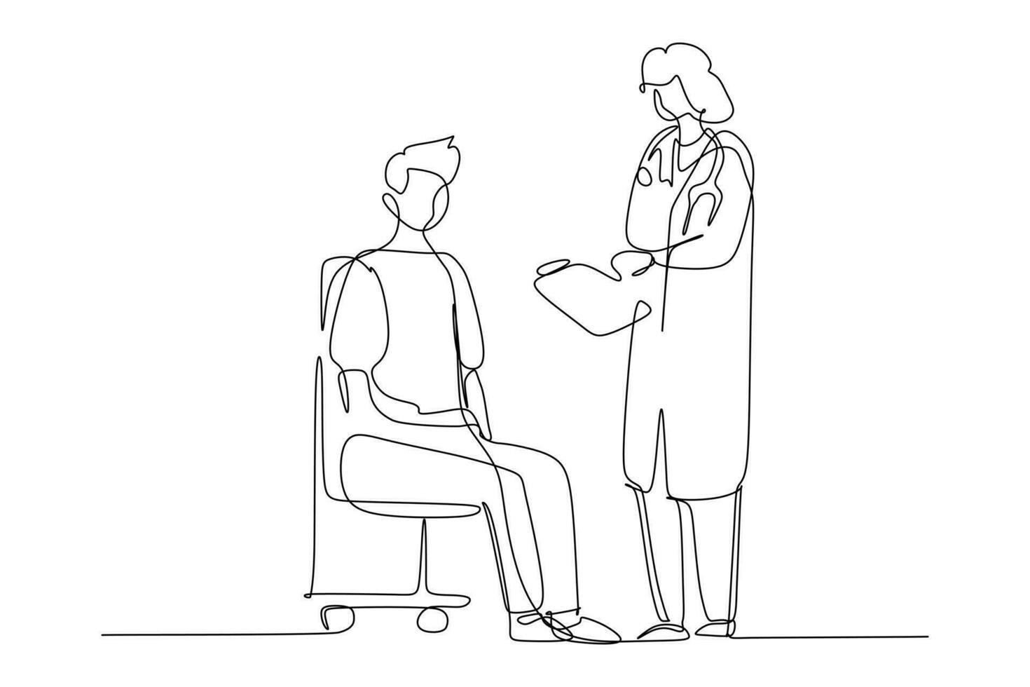 dokter met stethoscoop en geduldig. medisch examen concept. doorlopend lijn tekening. vector