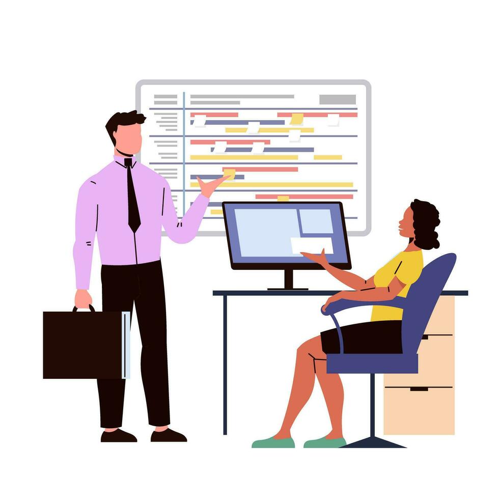 zakenman en zakenvrouw in kantoor. Mens en vrouw werken Bij computer. vector illustratie in vlak stijl