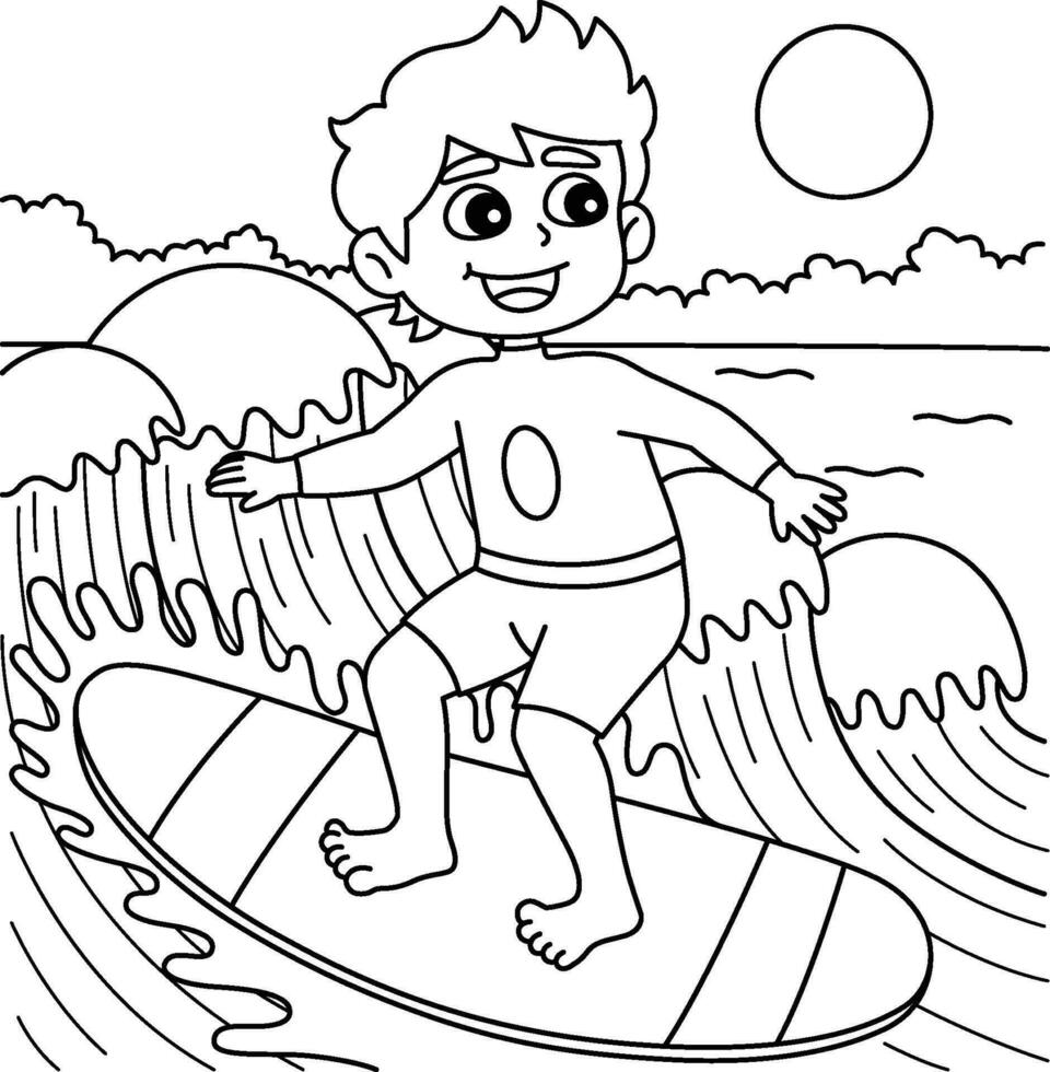 jongen surfing zomer kleur bladzijde voor kinderen vector