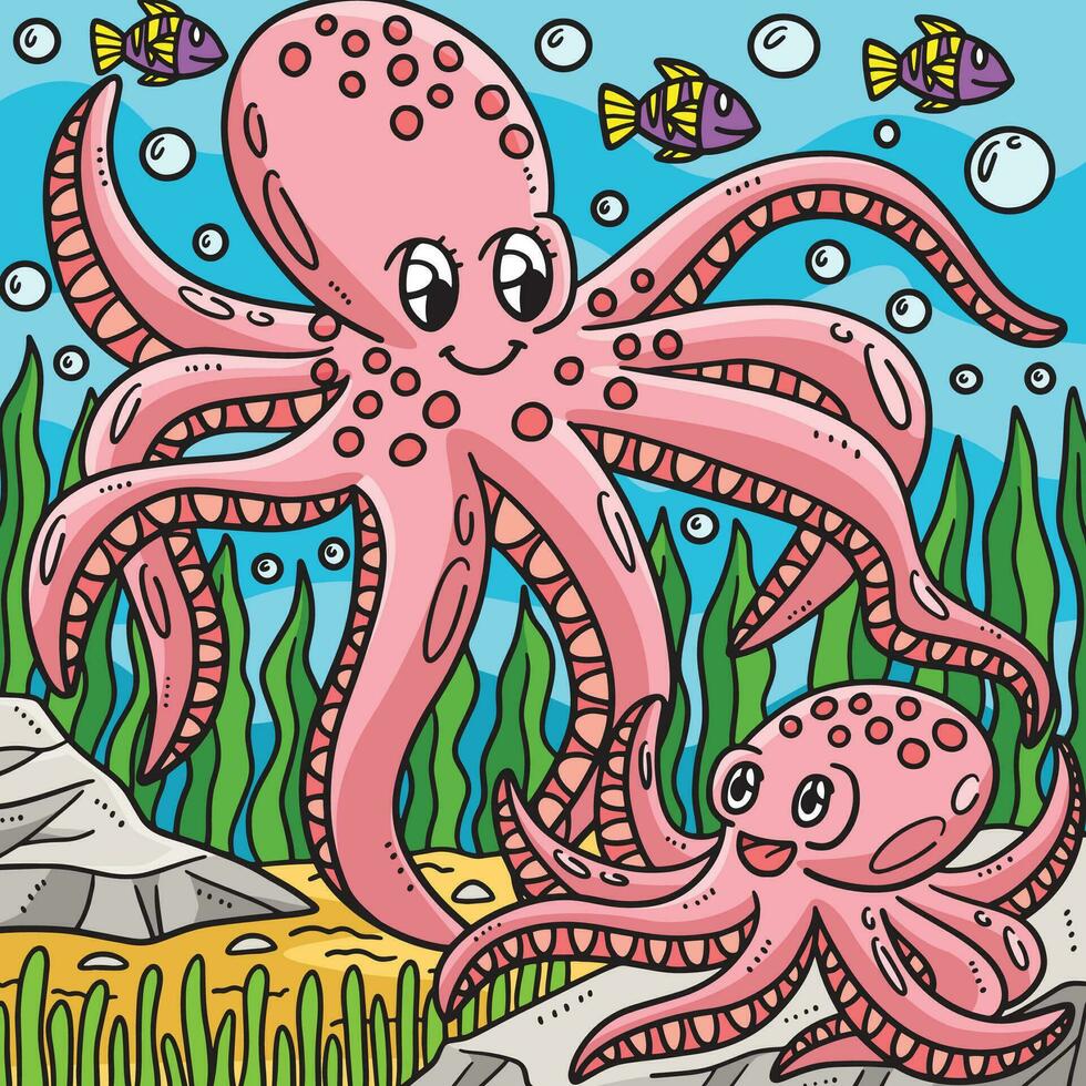 moeder Octopus en baby Octopus gekleurde tekenfilm vector