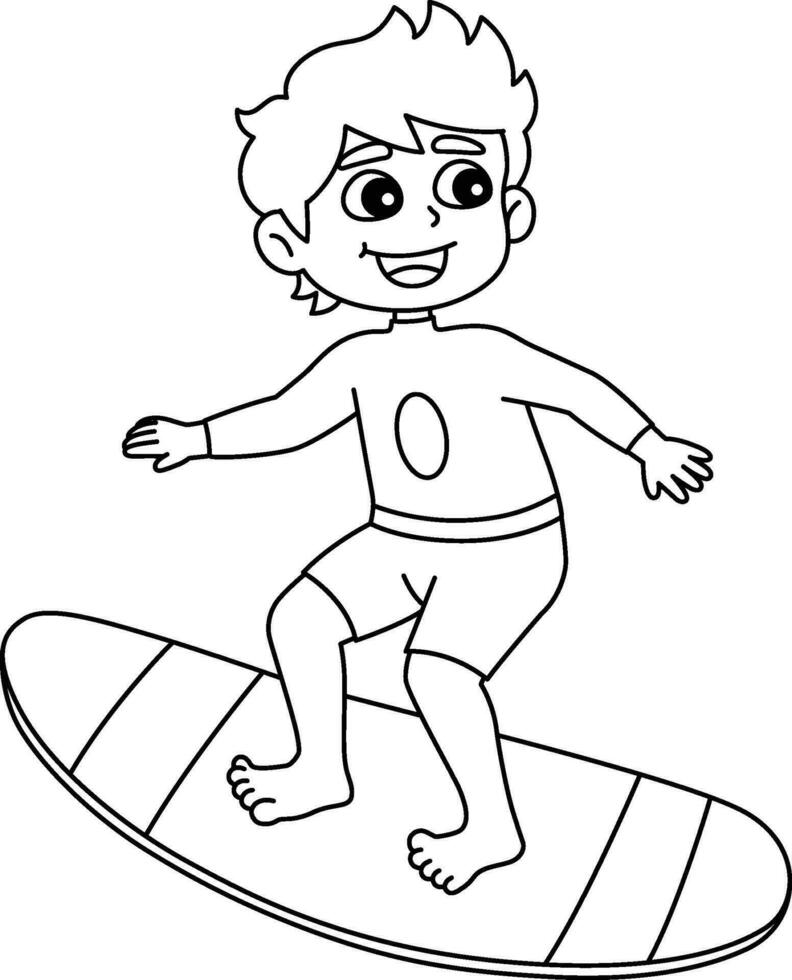 jongen surfing zomer geïsoleerd kleur bladzijde voor kinderen vector