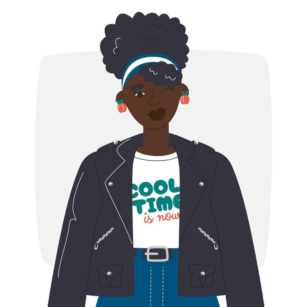 knap zwart meisje in rockster stijl kleding. Afrikaanse Amerikaans vrouw karakter Hoes ontwerp. schoonheid vrouw profiel avatar. dame portret van poster muur kunst. mode hand- getrokken vlak vector illustratie