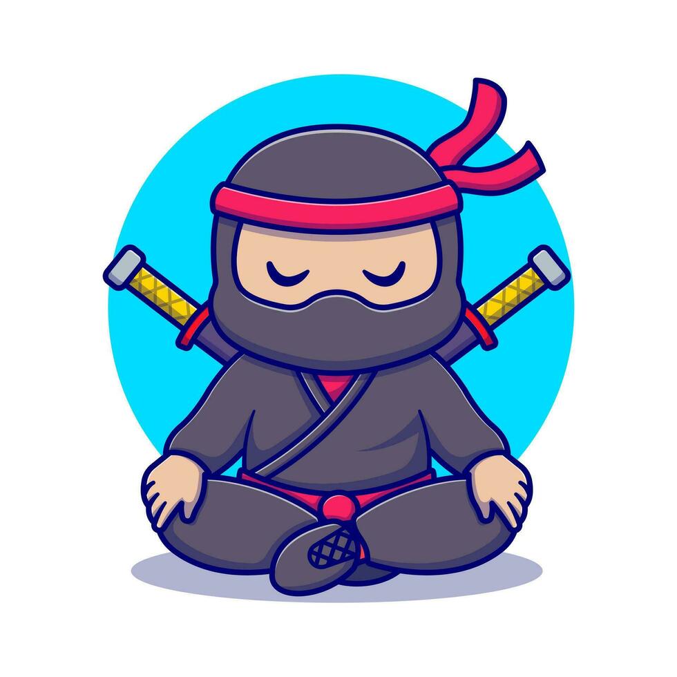 schattig Ninja zittend met twee Zwaarden tekenfilm vector illustratie