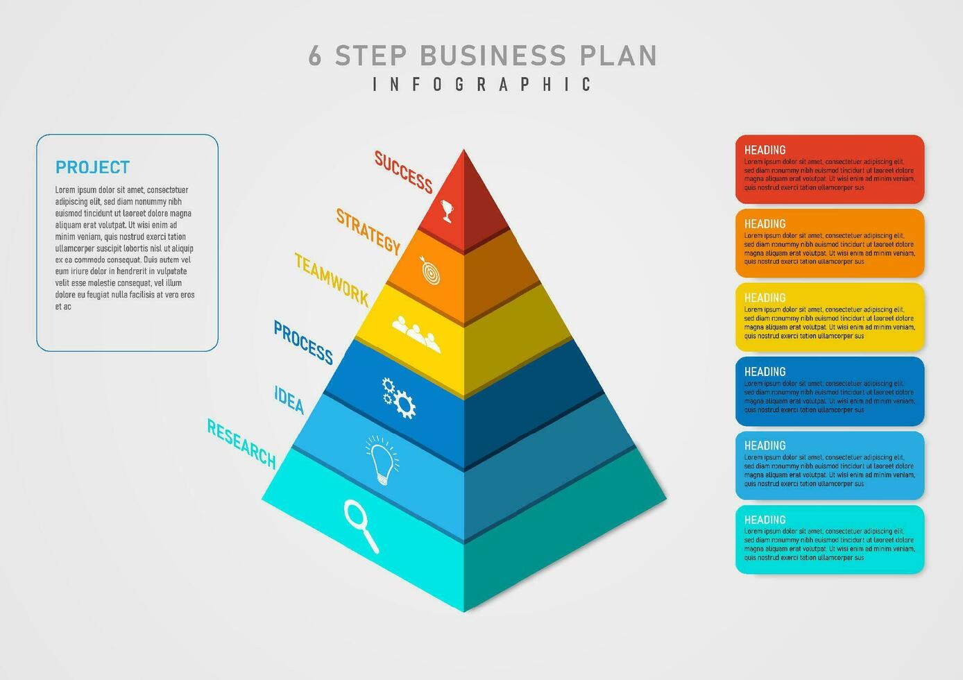 3d infographic 6 stappen succes bedrijf planning driehoek piramide gesegmenteerd multi kleur meerdere pictogrammen in centrum Aan de Rechtsaf kant Daar is een plein kader en brieven met een grijs helling achtergrond. vector