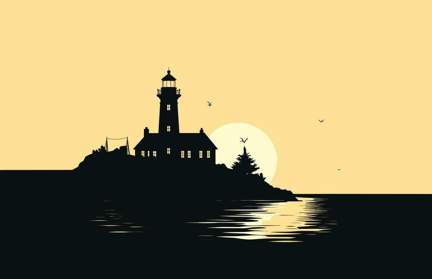 strand vuurtoren vector silhouet, vuurtoren strand landschap illustratie