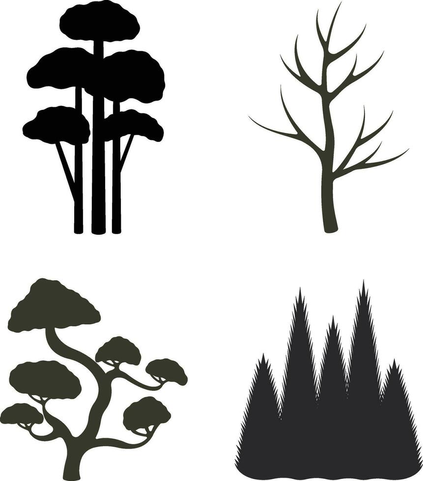 natuur bomen silhouet. pijnboom bossen en parken van net en Spar, naald- en bladverliezend bomen. vector geïsoleerd natuur retro illustratie reeks