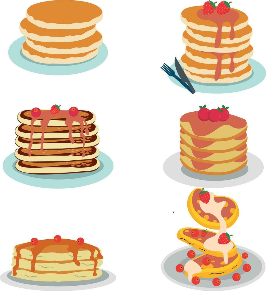 nationaal pannenkoek dag. pannekoeken met siroop en frambozen vector. stapel van pannekoeken Aan een bord icoon. vector illustratie