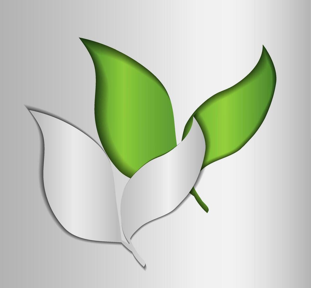 eco vriendelijk groen logo Aan zilver achtergrond, groen bladeren in papier besnoeiing stijl. de concept van groen ecologie, schoon ecologie, milieu vriendelijkheid van producten, eco vriendelijk vector
