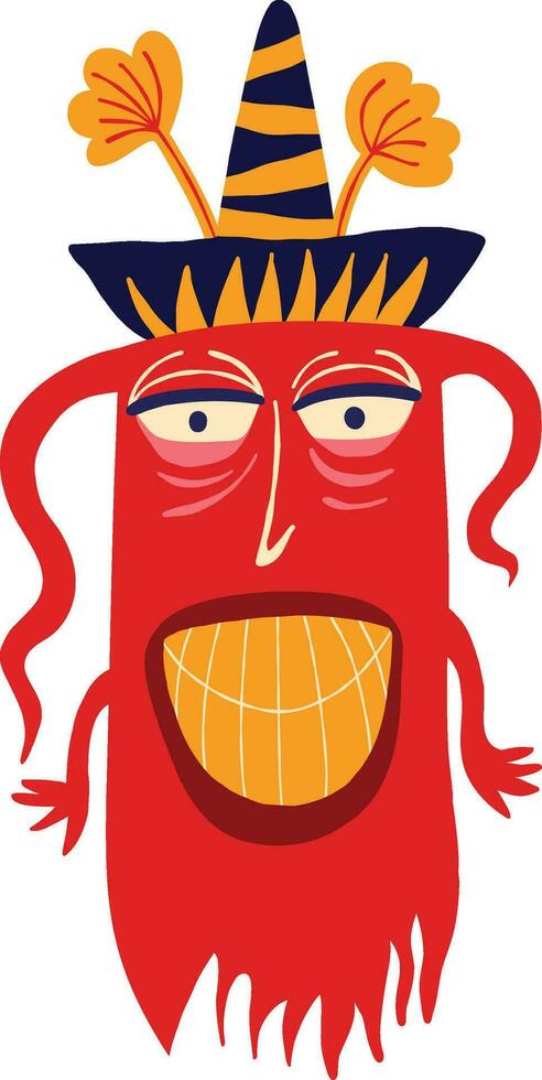 grappig Mexicaans rood demon in sombrero. vreemd lelijk halloween karakter. schattig bizar grappig demon in modern vlak hand- getrokken stijl vector