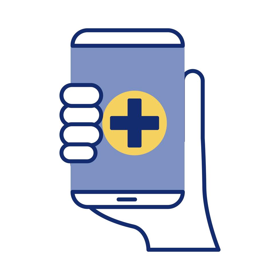 hand met smartphone en medische cross health online lijnstijl vector