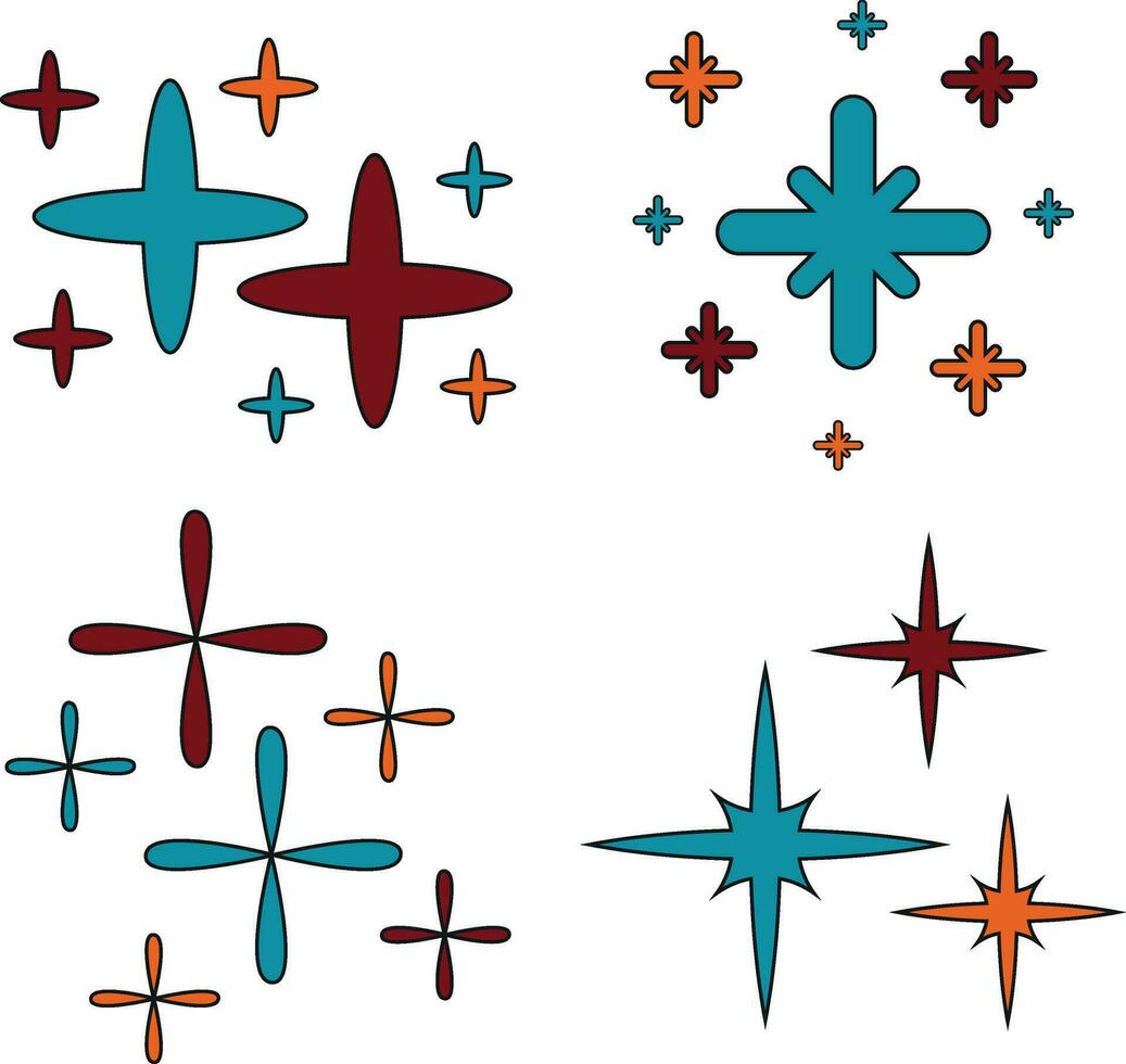 retro glimmend sterren, starburst en retro futuristische grafisch ornamenten voor decoratie. illustratie vector