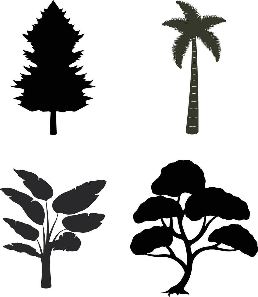 natuur bomen silhouet. pijnboom bossen en parken van net en Spar, naald- en bladverliezend bomen. vector geïsoleerd natuur retro illustratie reeks