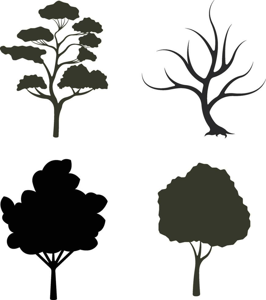 natuur bomen silhouet. pijnboom bossen en parken van net en Spar, naald- en bladverliezend bomen. vector geïsoleerd natuur retro illustratie reeks