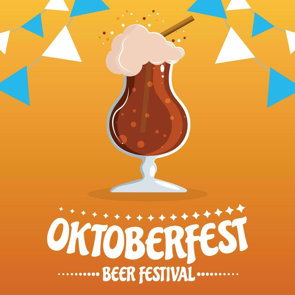 oktoberfeest partij poster illustratie met vers donker bier, krakeling, worst en blauw en wit partij vlag Aan glimmend geel achtergrond. vector viering folder sjabloon voor traditioneel Duitse bier