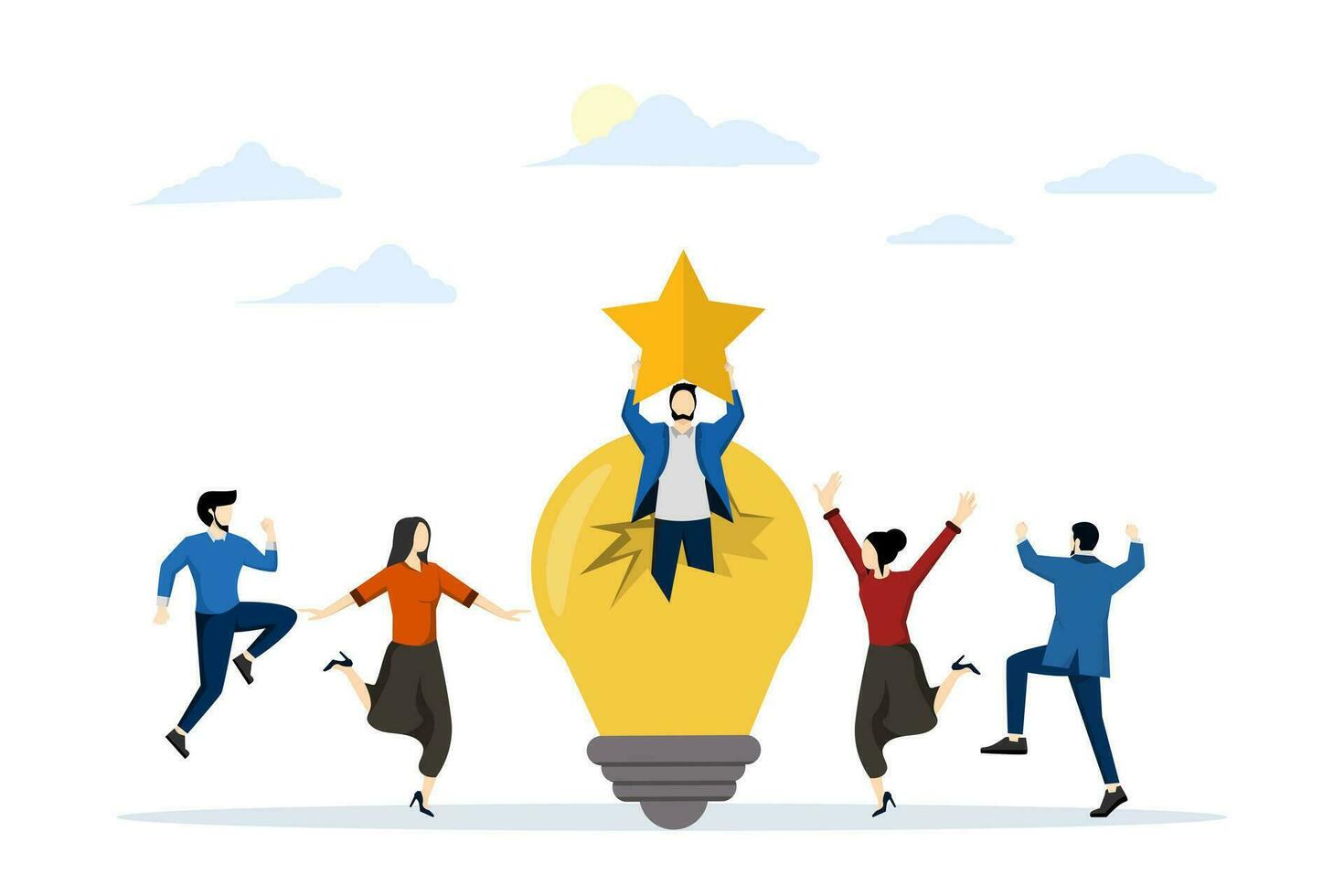 ideeën voor team succes. gemeenschap innovatie oplossingen of uitvindingen helpen bedrijven bereiken hun doelen. prestatie ster prijs. medewerkers delen licht lamp ideeën. vlak vector illustratie.