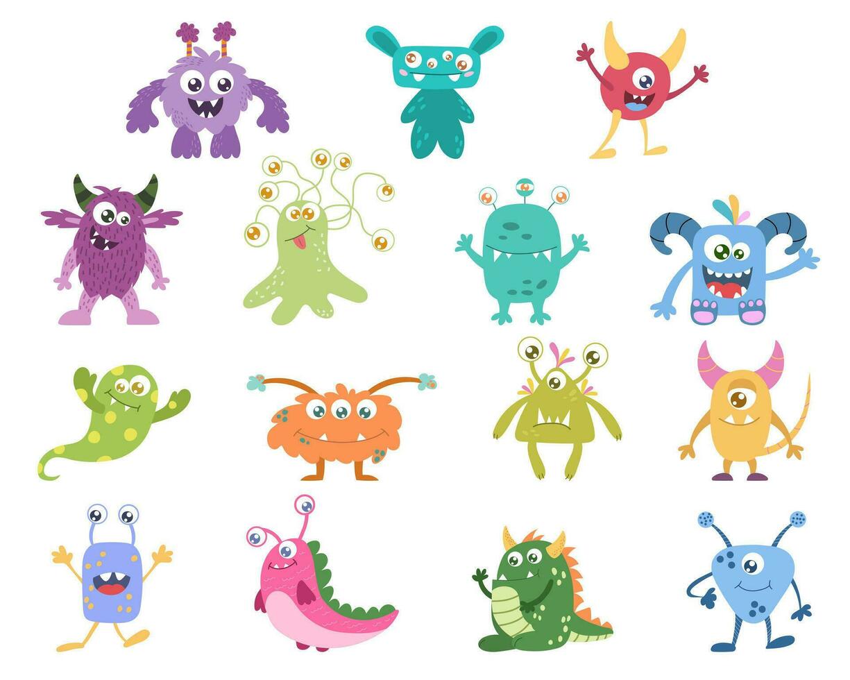 een reeks van schattig tekenfilm monsters, een buitenaards wezen. vector illustratie Aan een wit achtergrond.