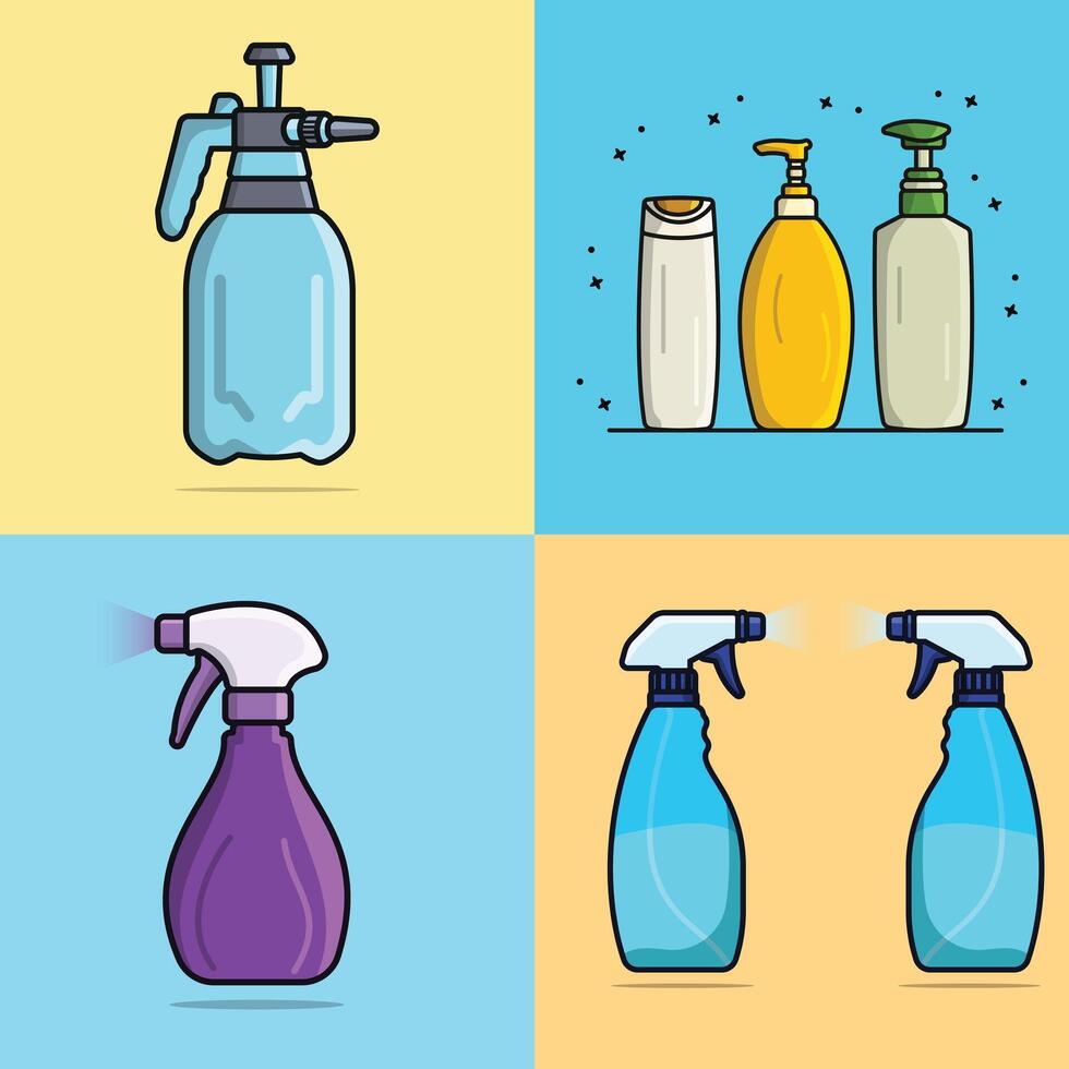 reeks van natuurlijk zeep of shampoo flessen en desinfecteren en schoonmaak verstuiven flessen vector illustratie. gezondheidszorg en schoonmaak onderhoud voorwerpen concept. vloeistof flessen verzameling vector ontwerp.