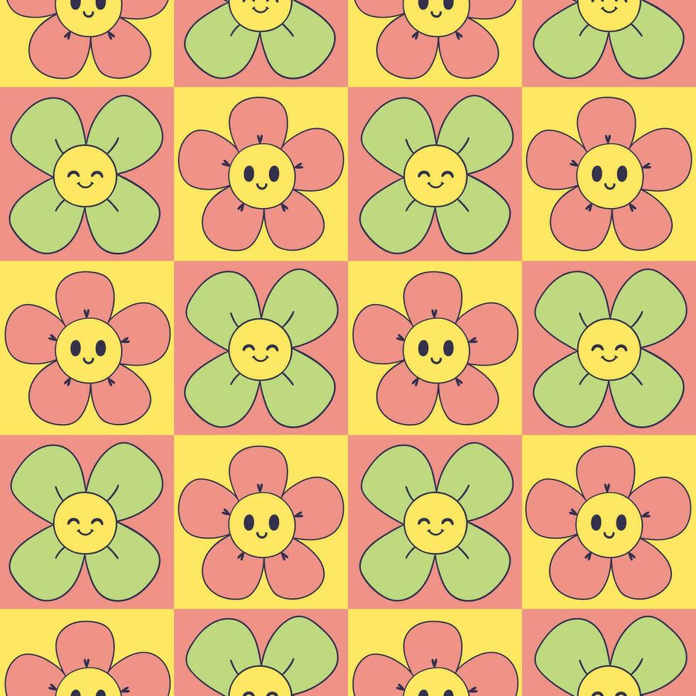 naadloos geruit patroon met schattig glimlachen bloemen. vector grafiek.