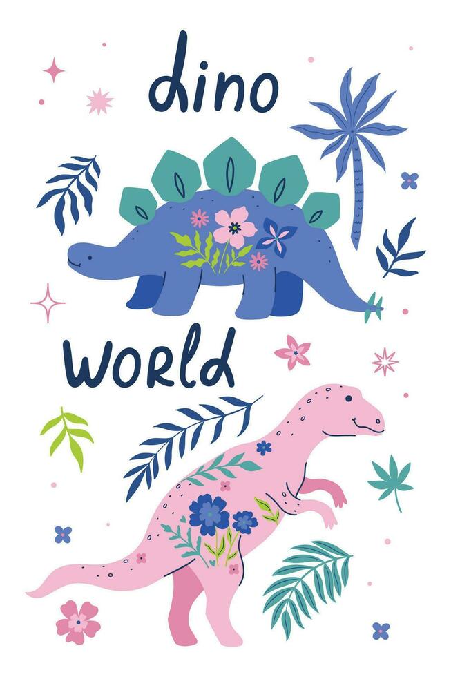 poster met schattig dinosaurussen, bladeren en bloemen. vector grafiek.