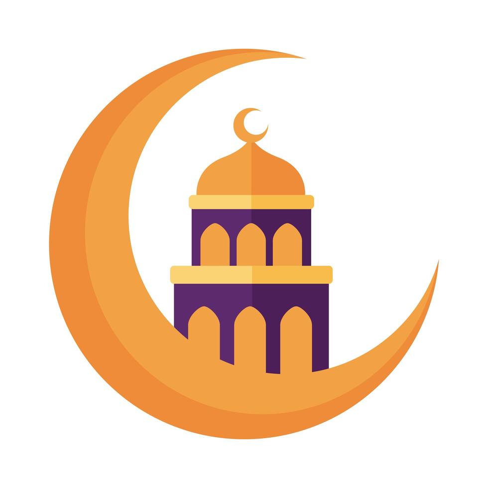 ramadam kareem tempel met maan platte stijlicoon vector