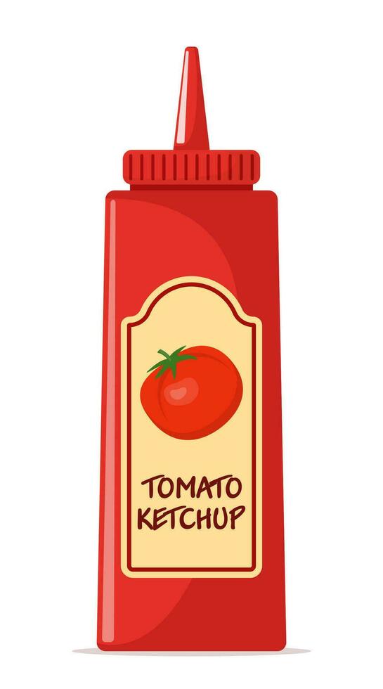 plastic fles van rood tomaat ketchup saus met label. vector illustratie.