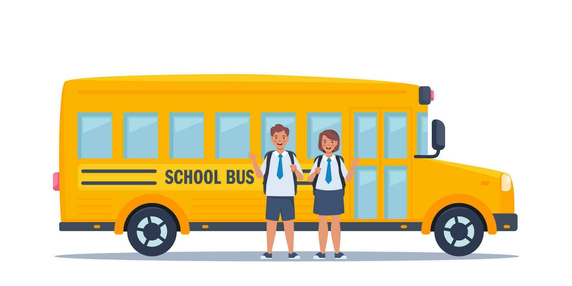 kinderen in de buurt geel klassiek school- bus. terug naar school- concept. vector illustratie.