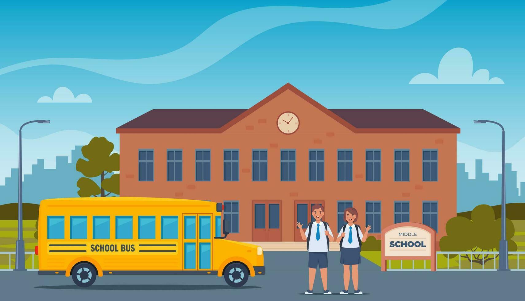 school- gebouw en voorkant werf met gelukkig leerlingen. kinderen en geel klassiek school- bus. terug naar school- concept. vector illustratie.