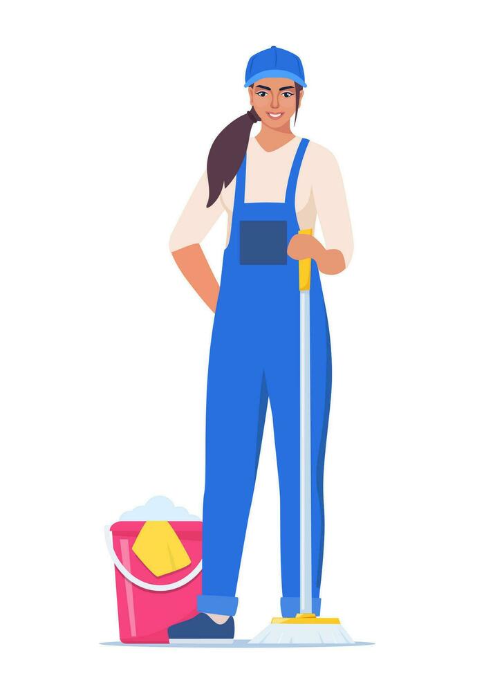 schoonmaak onderhoud vrouw karakter in uniform met dweil. arbeider van schoonmaak onderhoud. vector illustratie.