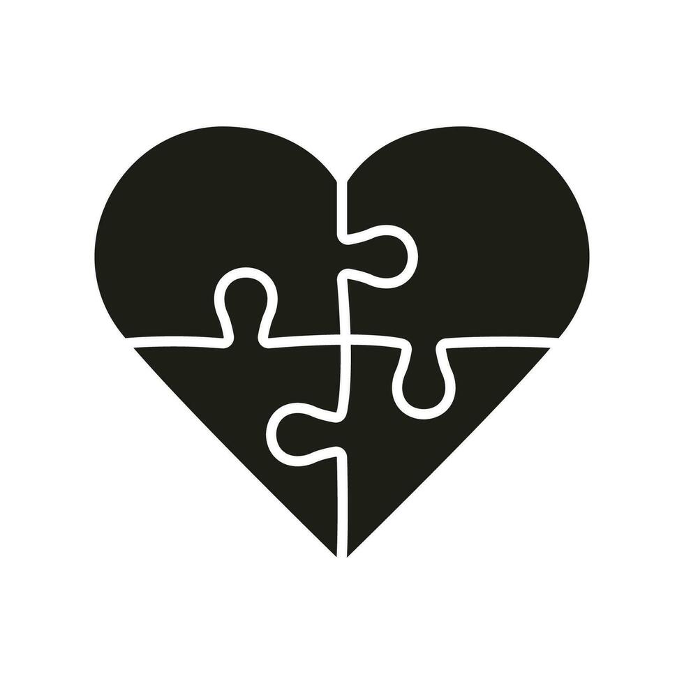 puzzel stukken bij elkaar passen samen glyph pictogram. menselijk verhoudingen, liefde, harmonie, familie unie concept. decoupeerzaag in hart vorm silhouet icoon. romance dating solide teken. geïsoleerd vector illustratie.