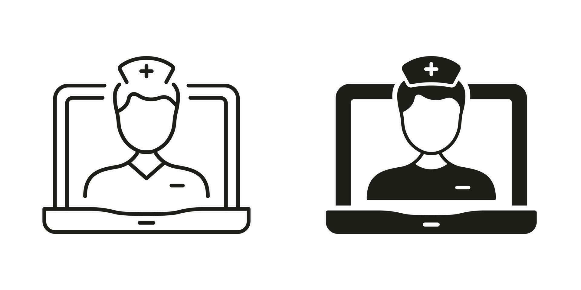 online medisch onderhoud in laptop lijn en silhouet zwart icoon set. arts virtueel overleg. telegeneeskunde gezondheidszorg symbool verzameling. afgelegen dokter Mens teken. geïsoleerd vector illustratie.