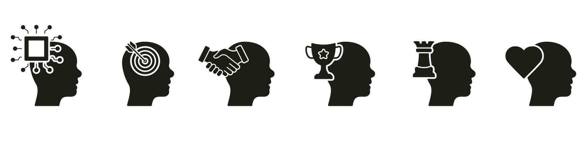 menselijk geest werkwijze silhouet icoon set. ai, doelen, motivatie, strategie denken symbolen. mentaal Gezondheid solide teken verzameling. emotioneel intelligentie- glyph pictogram. geïsoleerd vector illustratie.