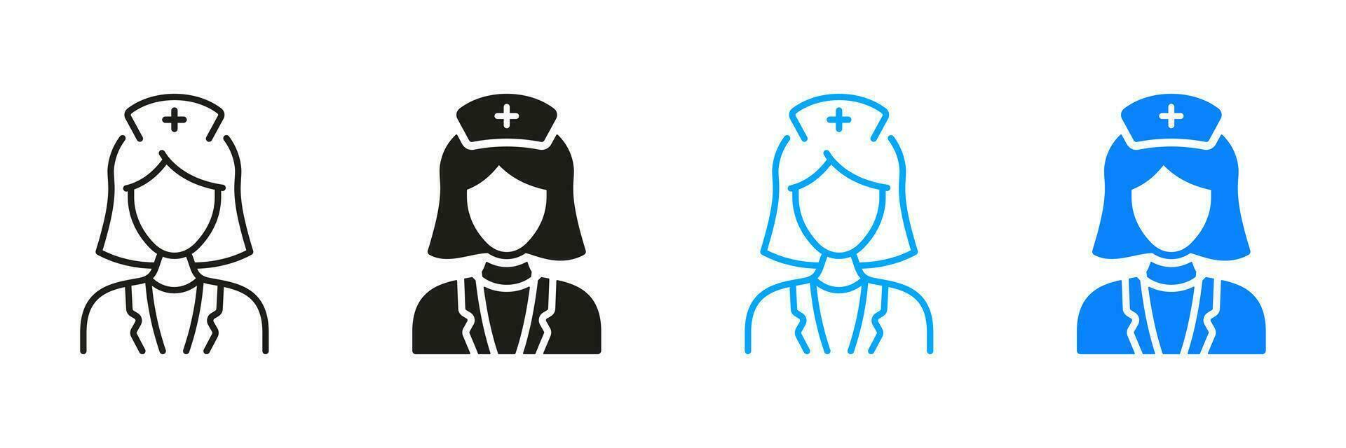 ziekenhuis personeel pictogram. dokter vrouw lijn en silhouet icoon set. vrouw medisch specialist. arts professioneel. verpleegster symbool zwart en kleur verzameling. geïsoleerd vector illustratie.