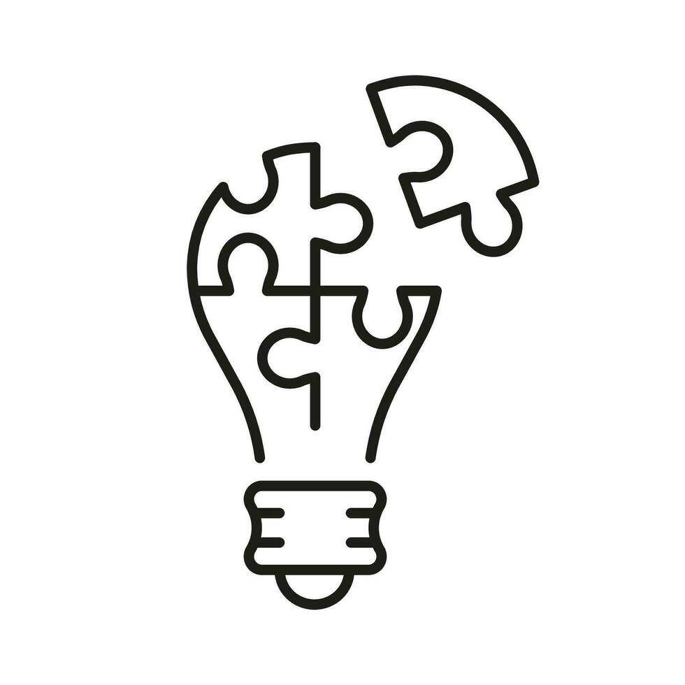 puzzel in gloeilamp vorm lijn icoon, idee concept. decoupeerzaag en licht lamp, inspiratie voor innovatie pictogram. creatief succes strategie schets teken. bewerkbare hartinfarct. geïsoleerd vector illustratie.