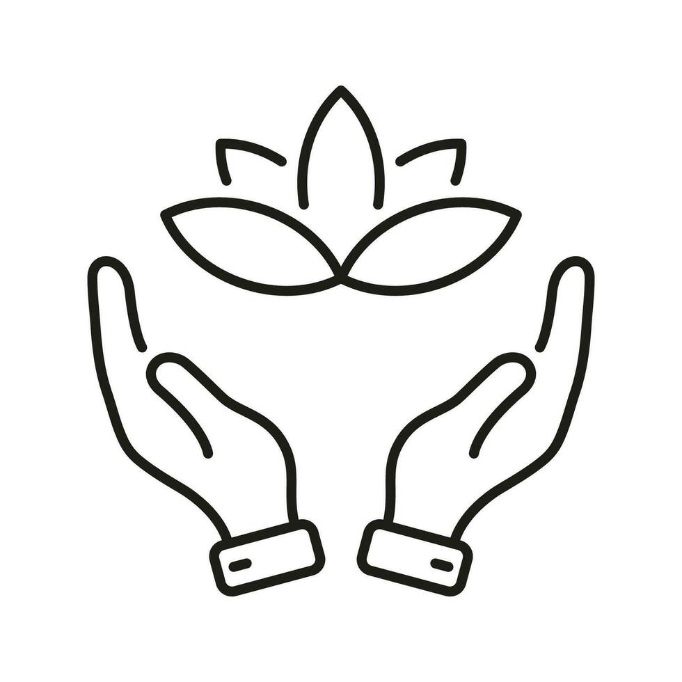 menselijk handen Holding bloem lijn icoon. yoga en spa schets symbool. lotus en handen, meditatie lineair pictogram. schoonheid medisch kliniek gemakkelijk teken. bewerkbare hartinfarct. geïsoleerd vector illustratie.