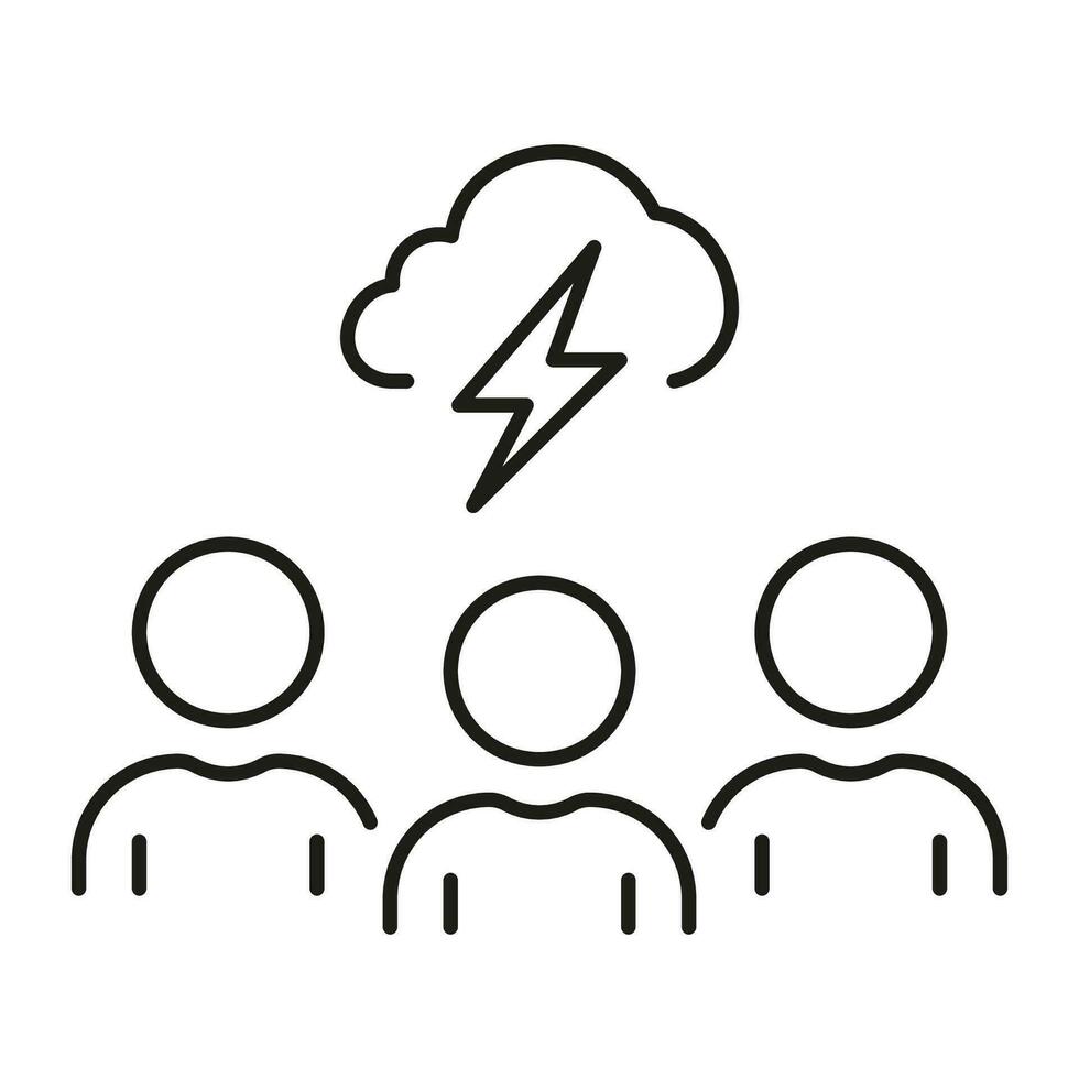 team brainstorming lijn icoon. donder storm met wolk en bliksem bovenstaand groep van mensen lineair pictogram. creativiteit werk schets symbool. bewerkbare hartinfarct. geïsoleerd vector illustratie.