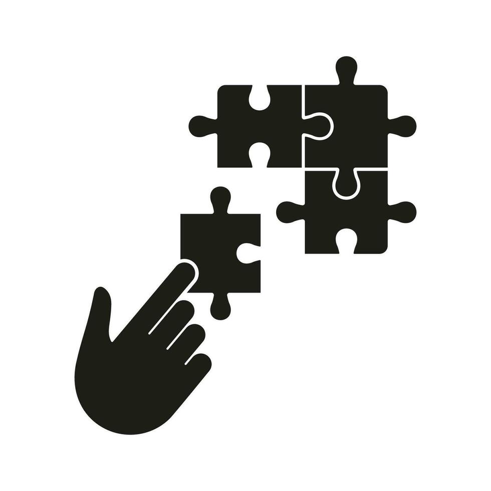 decoupeerzaag en menselijk hand- glyph pictogram. puzzel strategie, samenwerking voor vinden oplossing silhouet icoon. aansluiten missend stukken van puzzel. team spel solide teken. geïsoleerd vector illustratie.