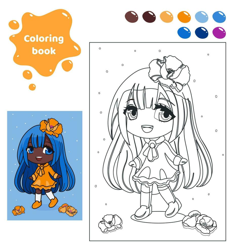 kleur boek voor kinderen. werkblad voor tekening met tekenfilm anime meisje. schattig kind met klaprozen en blauw haar. kleur bladzijde met kleur palet voor kinderen. vector illustratie.