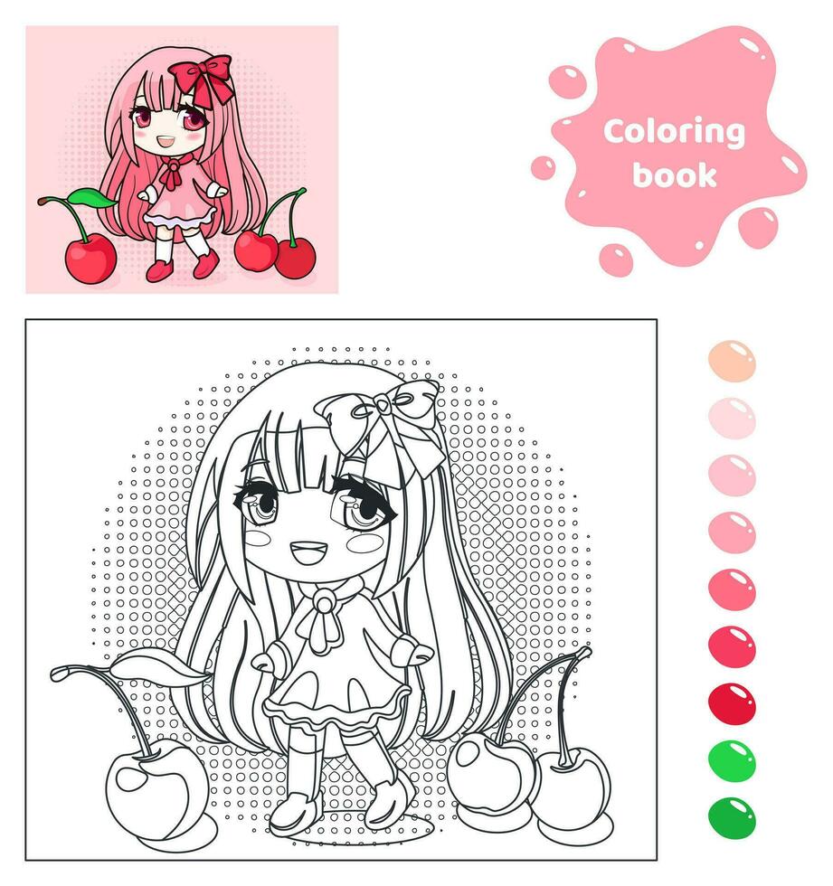 kleur boek voor kinderen. werkblad voor tekening met tekenfilm anime meisje met boog en kersen. schattig kind met bessen. kleur bladzijde met kleur palet voor kinderen. vector illustratie.