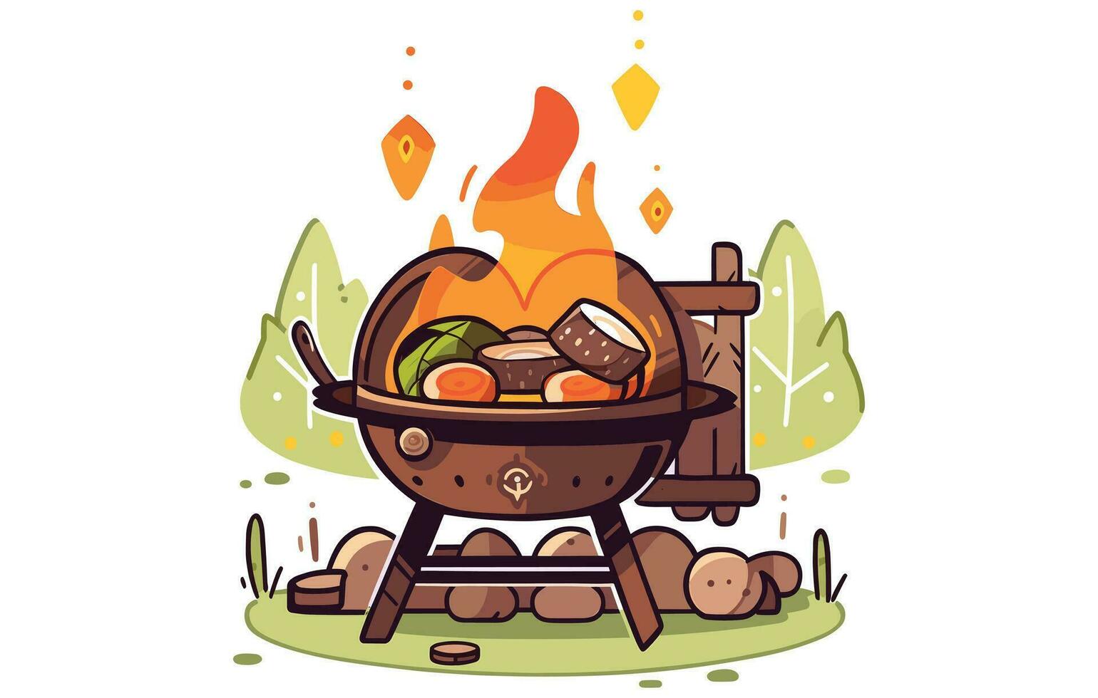 rivier- Koken rooster met kampvuur vlak vector pictogram, illustratie ontwerp van een grillen kip over- vreugdevuur.