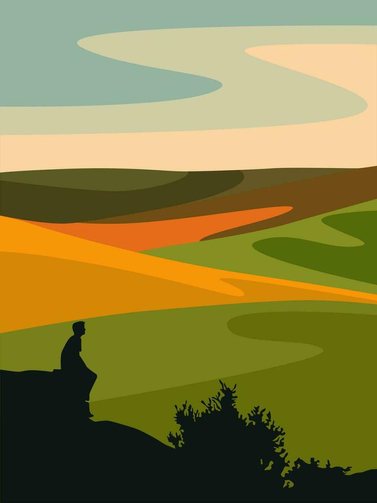 silhouet van een Mens tegen de backdrop van een herfst landschap met velden. vector