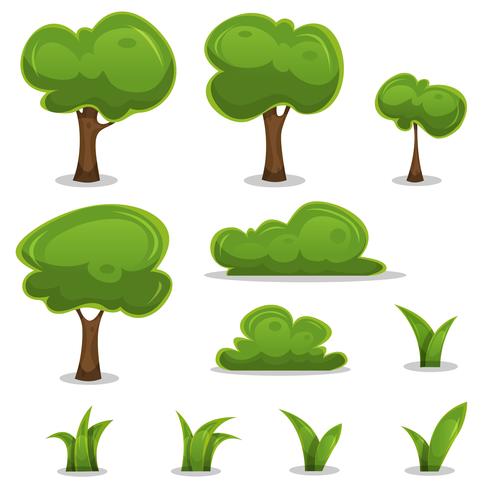 Cartoon bomen, hagen en gras laat instellen vector