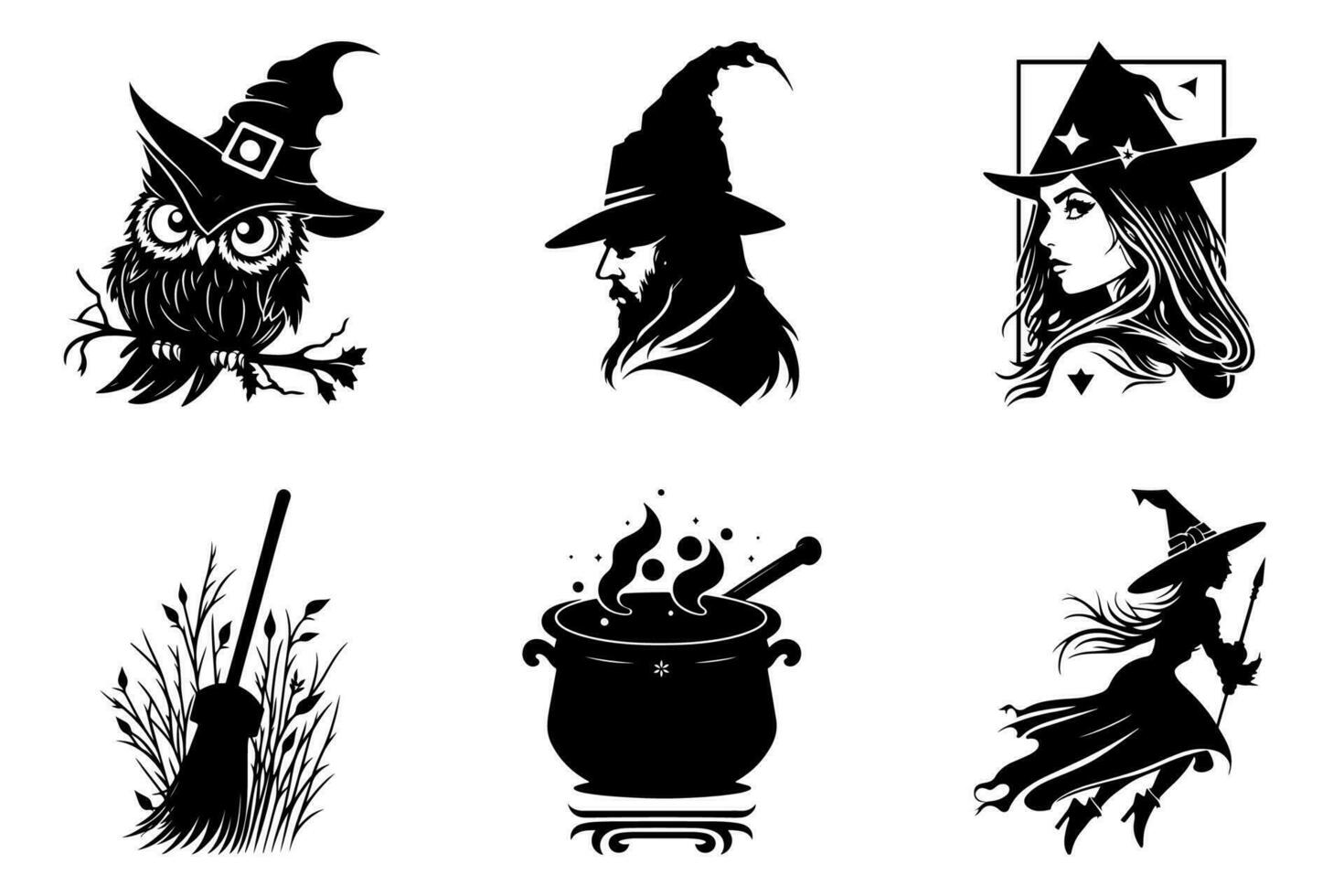 grappig uil, tovenaar, heks, magie pot en bezem - halloween grafiek set, zwart en wit, geïsoleerd vector