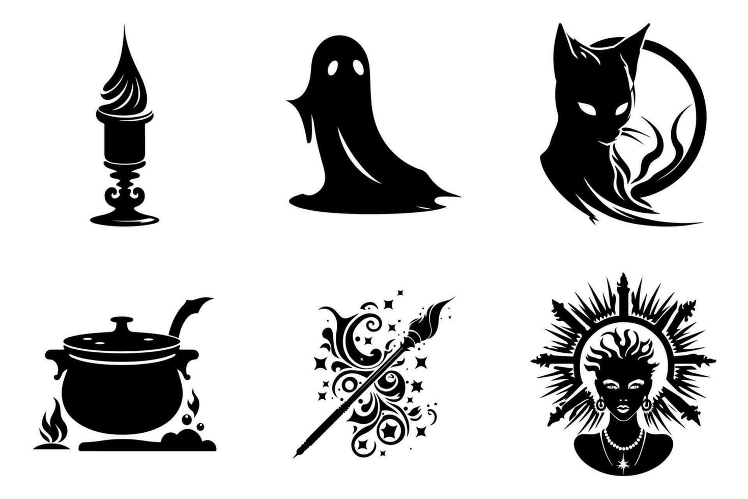 magie toverstaf en pot, eng geest en zwart kat, kaars, voodoo priesteres - halloween grafiek set, zwart en wit, geïsoleerd. vector