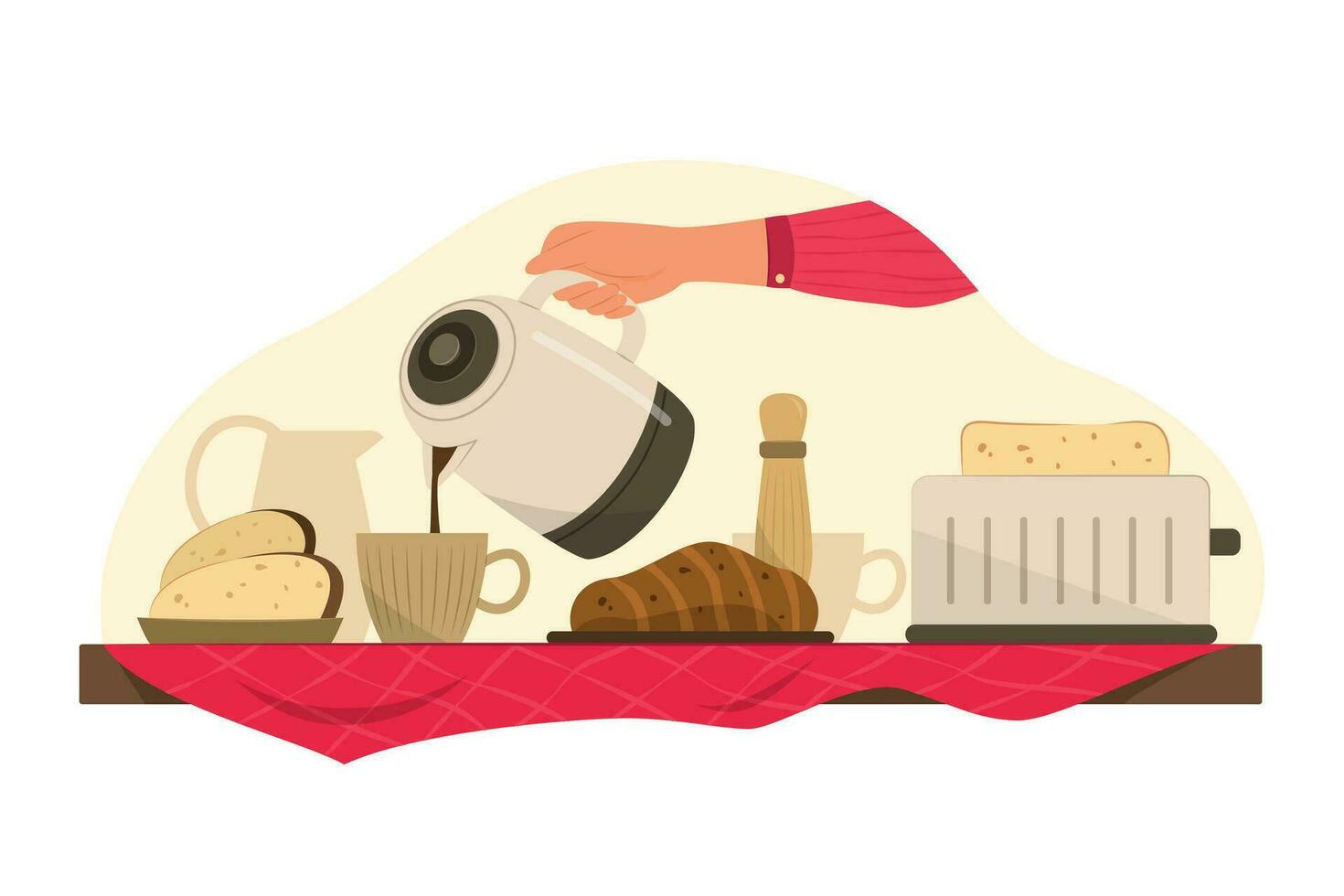 menselijk hand- gieten koffie in kop met ontbijt maaltijd reeks concept illustratie vector