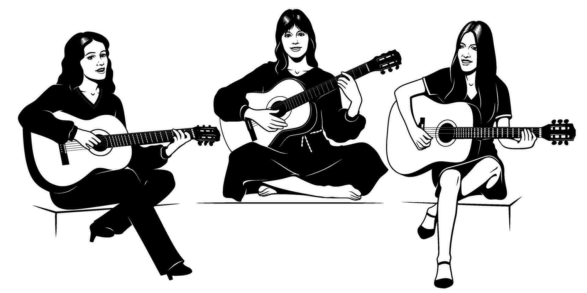 gitaristen Dames trio silhouetten. zwart en wit stencil vector clip art. verdieping lijnen is de scheiden voorwerp.