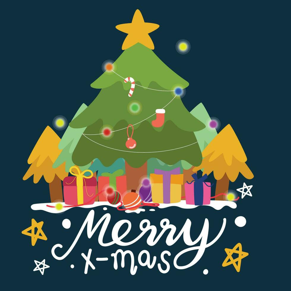 Kerstmis groet kaart met Kerstmis boom en ornamenten. vector