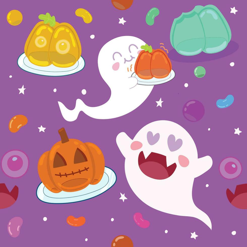 schattig geest tekening genieten pompoen gelei voor halloween feest. vector