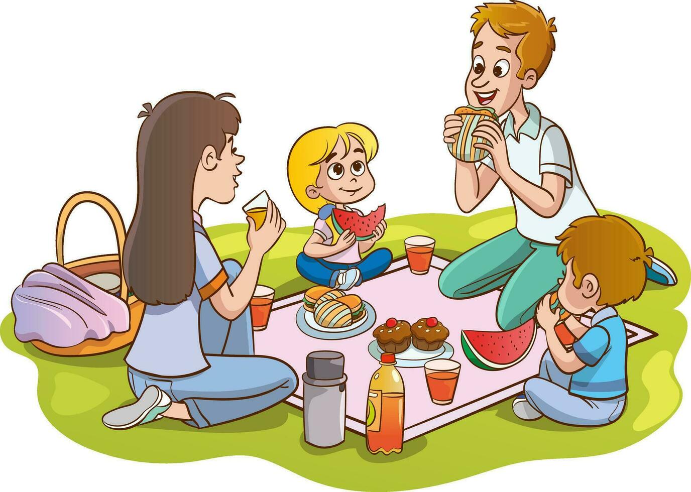 actief recreatie familie met kinderen. hebben picknick Aan zittend deken, kwaliteit tijd samen, wandelen, uitgeven tijd, hebben plezier, samen in park Aan groen gazon. vector