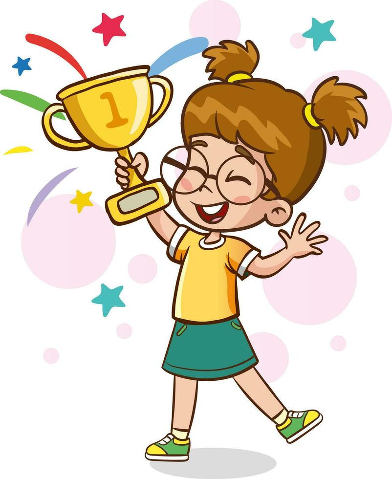 gelukkig schattig kind jongen winnen spel goud trofee vector